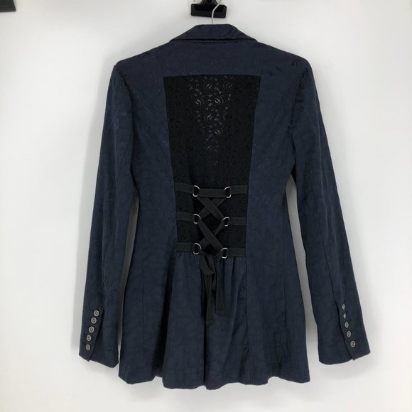 Free People Navy Blue Jacquard Lace Corset Back Victorian Boho buttoned Blazer - Picture 3 of 14